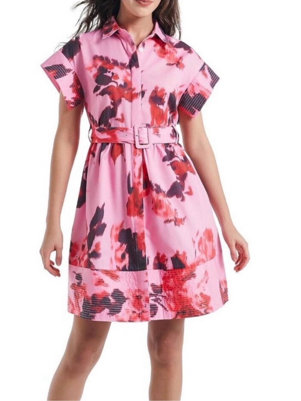 Tuckernuck Pink Floral Shirt‑Style Belted Midi Dress